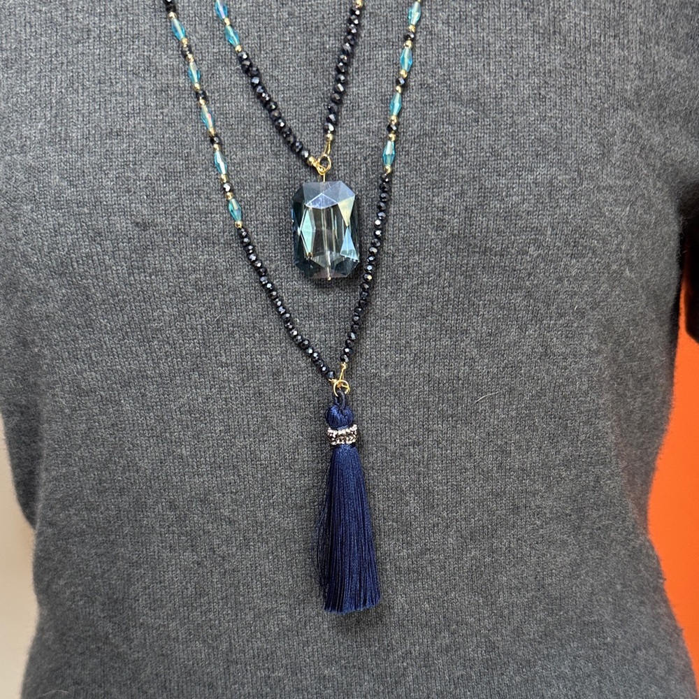 Elegant Blue and Gold Tassel Necklace
